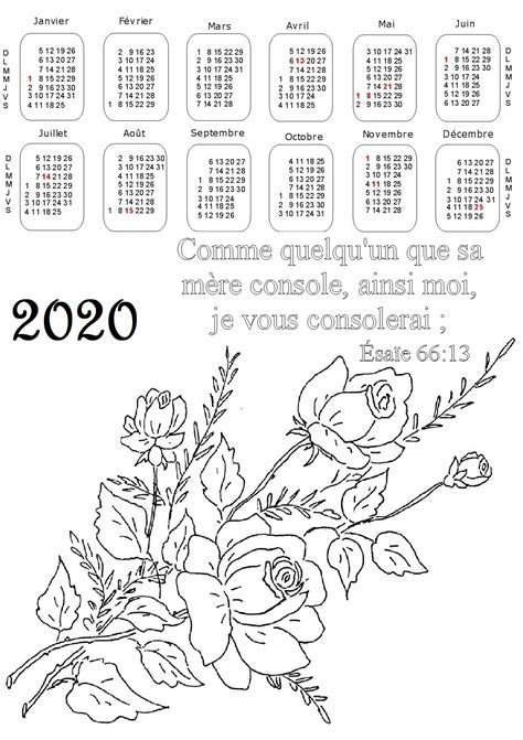 Coloriages de calendriers pour l année 2020 avec des versets de la Bible