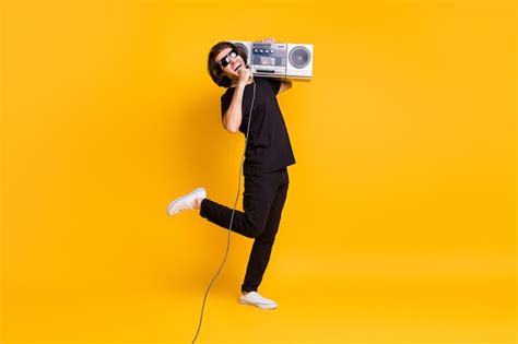 Premium Photo Full Length Photo Of Young Man Hold Shoulder Boombox