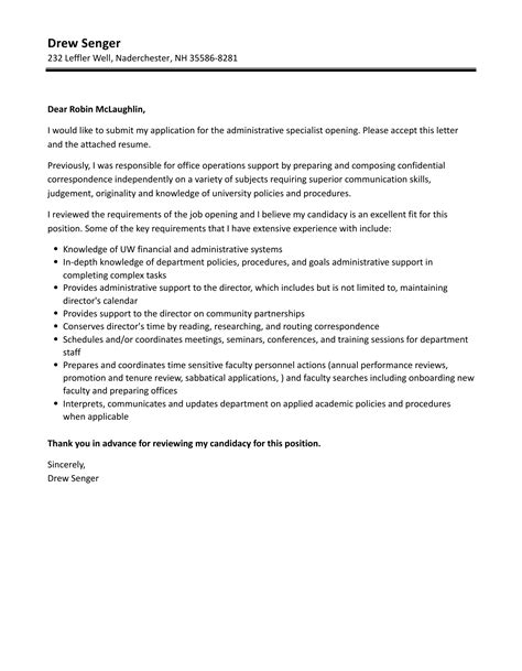 Administrative Specialist Cover Letter Velvet Jobs