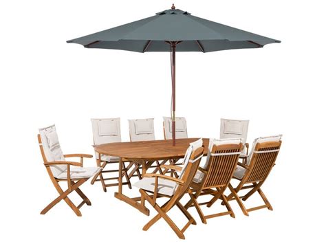 8 Seater Acacia Wood Garden Dining Set With Grey Parasol And Beige