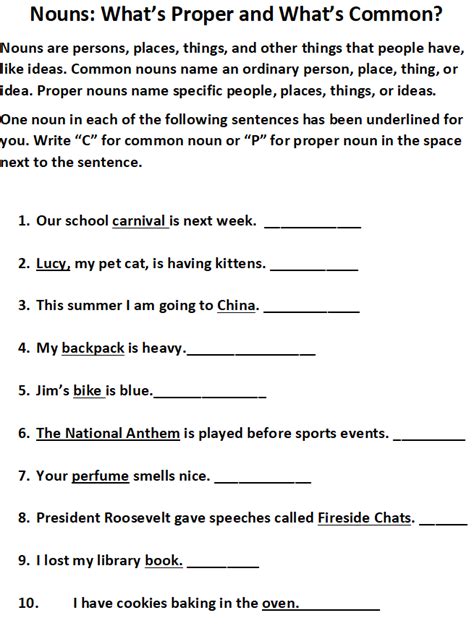 Underline the nouns in each sentence and write whether it is proper or common noun. Crazy for Comprehension Proper and Common Nouns Worksheet