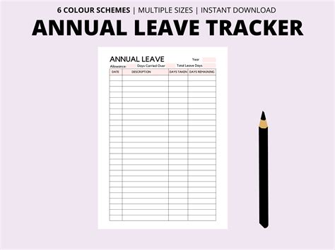 Annual Leave Tracker Printable Holiday Tracker Time Off Log Etsy Uk