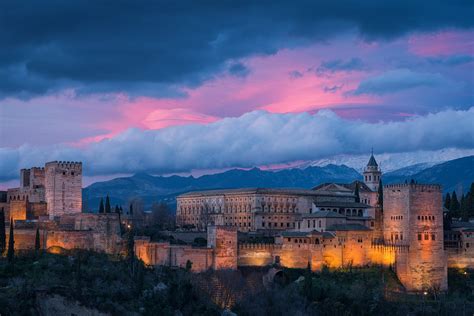 Landscape Castle Clouds Hill Trees Spain Sunset