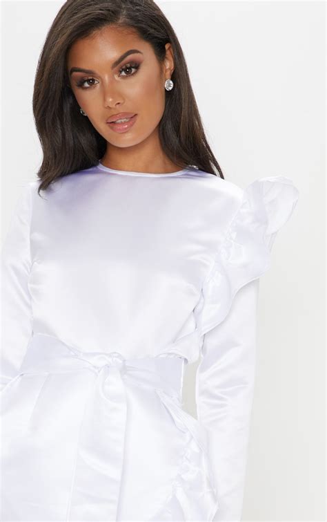 White Satin Frill Detail Long Sleeve Bodycon Dress Prettylittlething