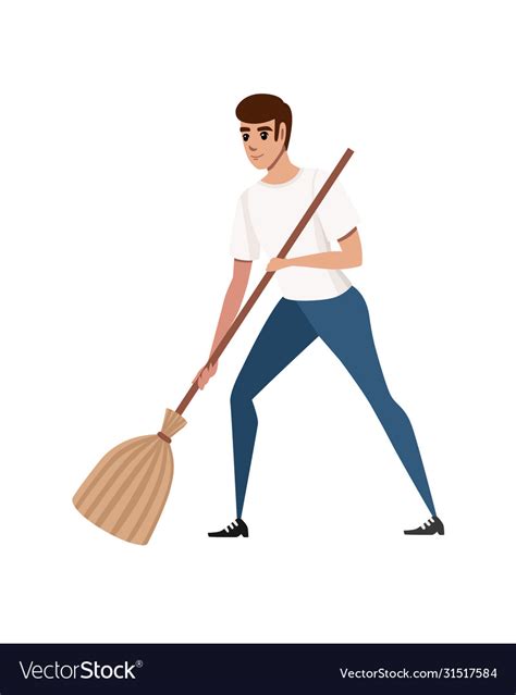 Man Sweeping Floor With Classic Broom Cartoon Vector Image