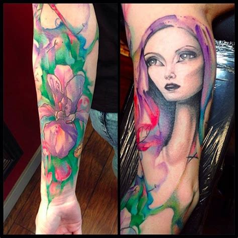 Beautiful Watercolor Like Big Flower And Woman Portrait Tattoo On