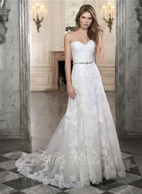 A Line Strapless Sweetheart Lace Corset Wedding Dress With Detachable