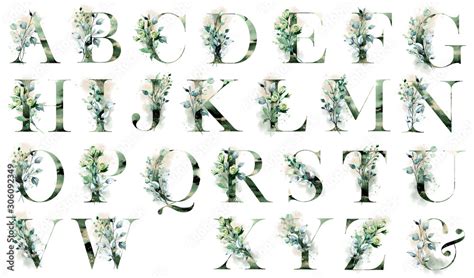Floral Alphabet Letters Set With Watercolor Leaf Monogram Initials