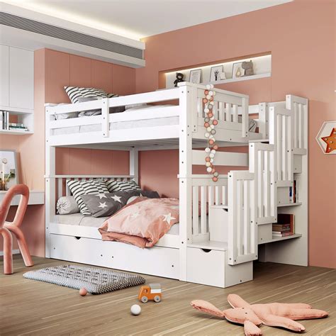 Harper And Bright Designs Full Over Full Stairway Bunk Bed With Shelves