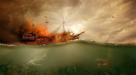 Hd Wallpaper Pirate Ship Night Sailing Sea Night Moon Fantasy Art