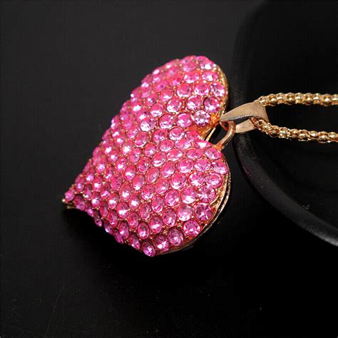 Fashion Women Pink Rhinestone Rose Shiny Heart Crystal Pendant Chain