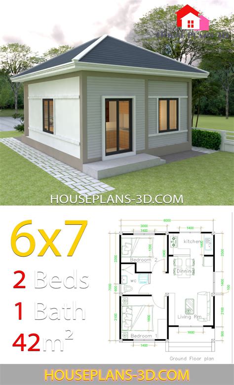 Simple House Plans 6x7 with 2 bedrooms Hip Roof | Simple house design, Simple house plans ...