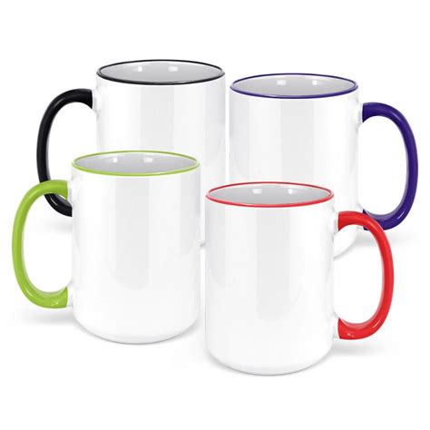 White Ceramic Sublimation Coffee Mug With Colored Rimhandle 15oz