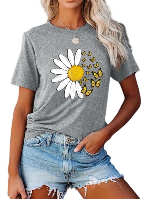 Women S T Shirts Daisy Butterfly Print T Shirt In 2021 T Shirts For