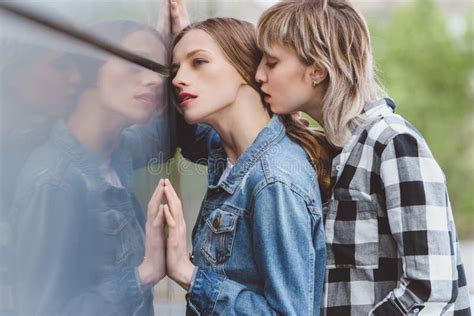 Young Lesbian Couple Hugging And Kissing Outdoors Stock Image Image Of Bisexual Millennials