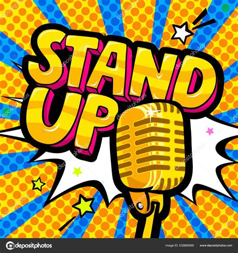 Stand Comedy Stand Lettering Pop Art Style Golden Microphone Vector