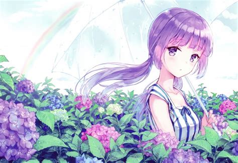 Wallpaper Anime Girl Purple Hair Flowers Umbrella