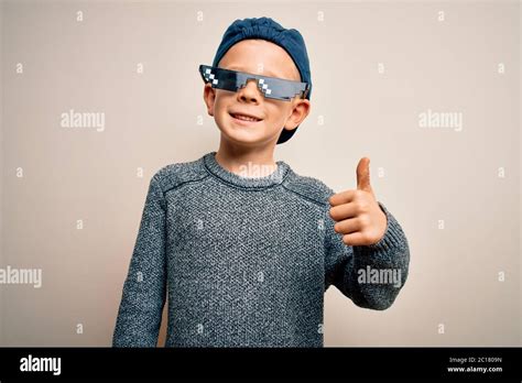 Young Little Caucasian Kid Wearing Internet Meme Thug Life Glasses Over
