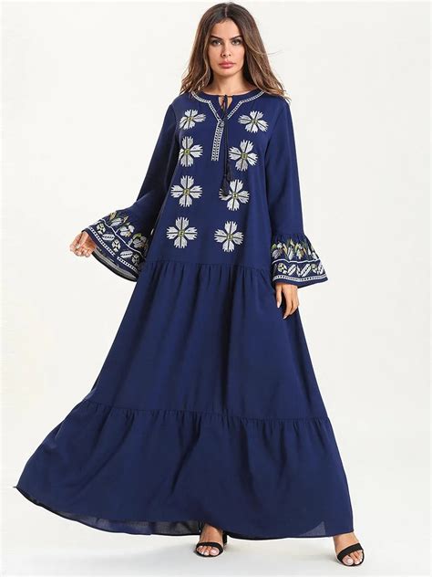 Ramadan Muslim Abaya Women Embroidery V Neck Long Dress Dubai Arabic