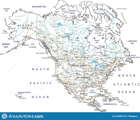 High Detailed North America Road Map With Labeling Stock Vector