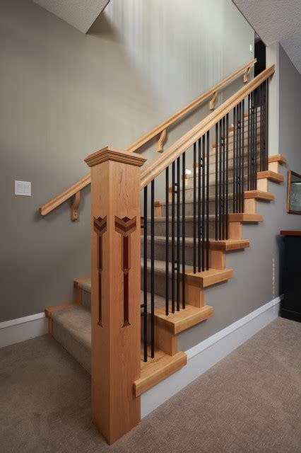 Custom Newel Post With Iron And Wood Railing Craftsman Staircase