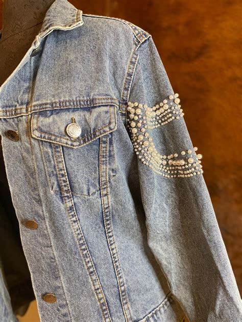 Denim Pearl Jacket Embellished With White Pearls All Thru Back Etsy