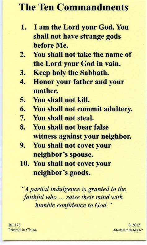 Ten Commandments Laminated Holy Cards Quantity 25 Prayer Cards