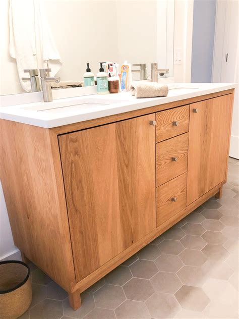Stainless steel pulls and knobs. 60" Modern White Oak Wood Vanity / Double Sink - WHAT WE MAKE | Reclaimed wood bathroom vanity ...