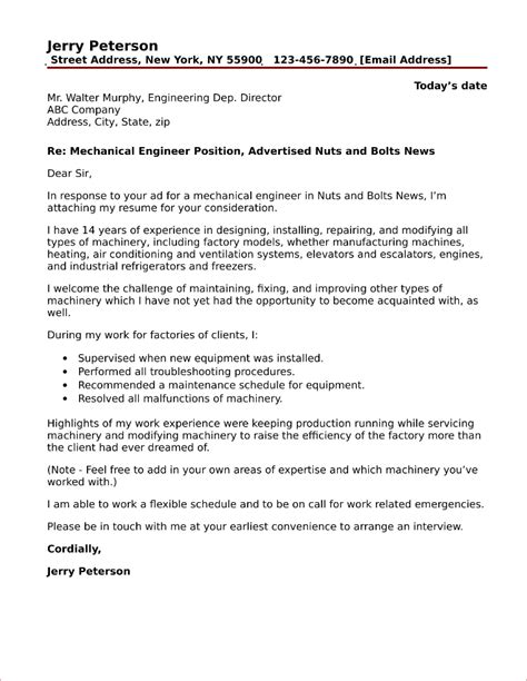 I do draft this application letter in response to an advert that i came across in several job sites. Mechanical Engineer Cover Letter Sample