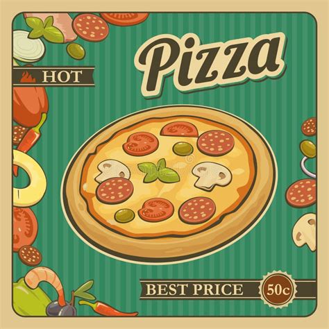 Retro Vintage Vector Poster Whole Pizza And The Ingredients For