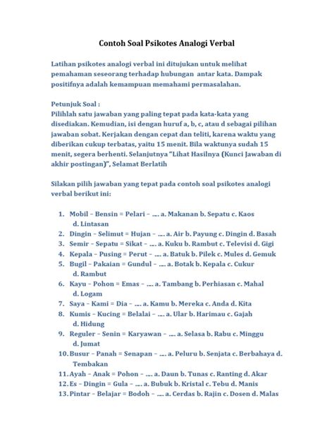 Saya berusaha memperbaiki kelemahan diri sejak lama. 11++ Contoh Soal Tiu Kemampuan Verbal Analogi - Contoh ...