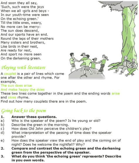 The Echoing Green Comprehension Questions Questionsd