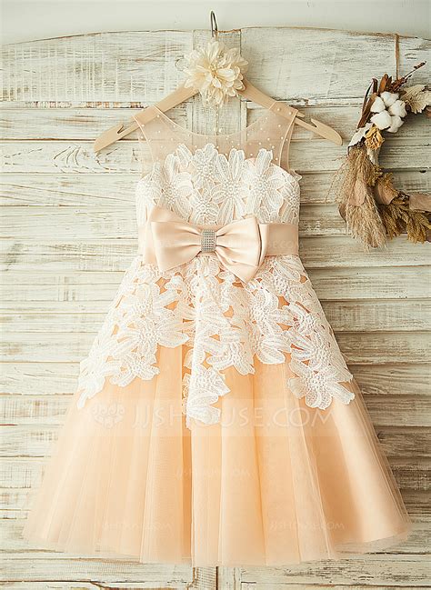 a line princess tea length flower girl dress tulle lace sleeveless scoop neck with beading bow