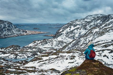 Woman Tourist On Lofoten Islands Norway High Quality Nature Stock