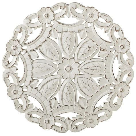 16 White Distressed Finish Carved Abstract Small Floral Round Wall