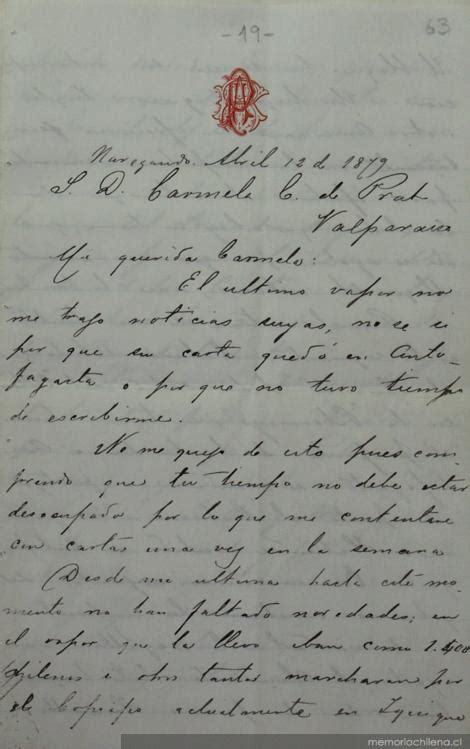 Navegando 12 De Abril De 1879 Carta De Arturo Prat A Carmela