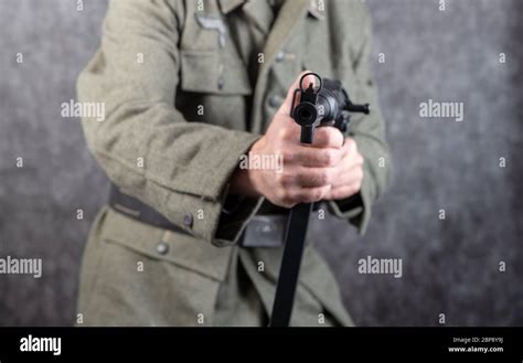 A World War Two German Soldier With Machine Gun Mp 40 Close Up Stock
