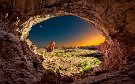 Nature Landscape Utah Sunrise Moon Arches National Park Rock Desert