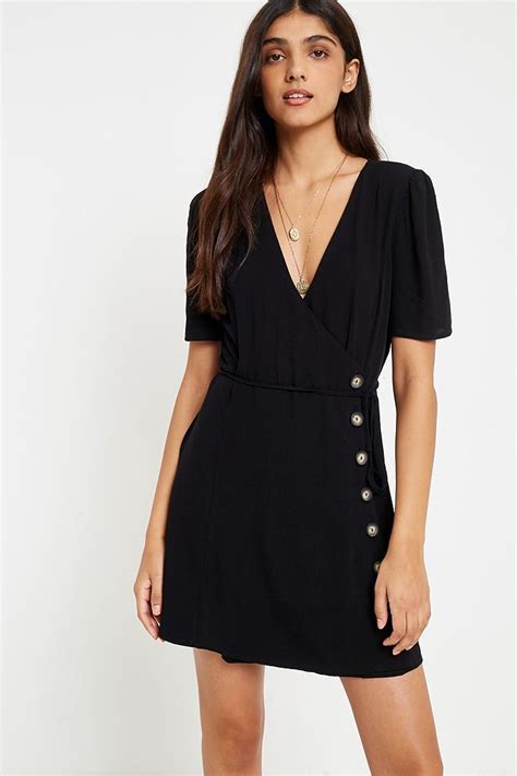 Pins And Needles Black Side Button Wrap Dress Urban Outfitters Uk