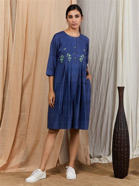 Buy Navy Blue Embroidered Khadi Cotton Box Pleated Dress Online At