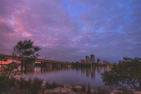 Wallpaper Sunrise Morning Clouds Riverside Bridge Pink