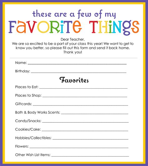 Questionnaire Favorite Things List Printable