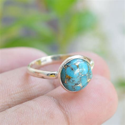 Blue Copper Turquoise Ring Blue Copper 10 Mm Round Gemstone Etsy
