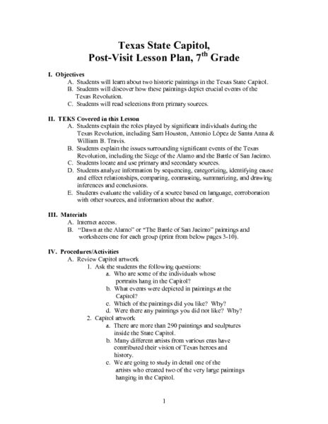 Texas State Capitol Post Visit Lesson Plan 7th Grade Lesson Plan For