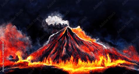 Apocalypse Volcanic Eruption Lava Magma Flows Flow Down Volcano Mouth