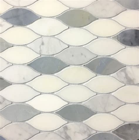 Elongated Teardrop Water Jet Mosaic Tile In Italian White And Blue