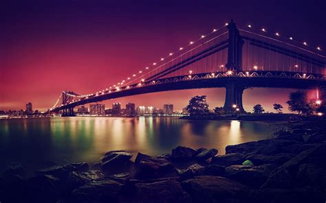 Download Wallpapers 4k Brooklyn Bridge Nightscapes New York