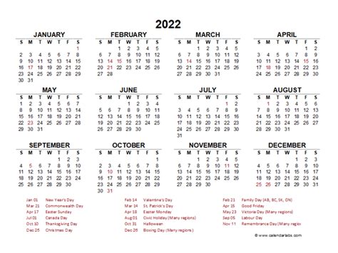 2022 Year At A Glance Calendar With Canada Holidays Free Printable