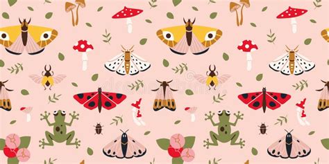 Seamless Pattern With Summer Vibe Moth Mushrooms Plants Cartoon