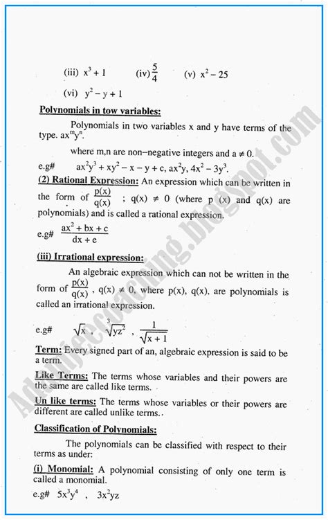 Algebraic Expressions Definitions And Formulae Mathematics Notes For